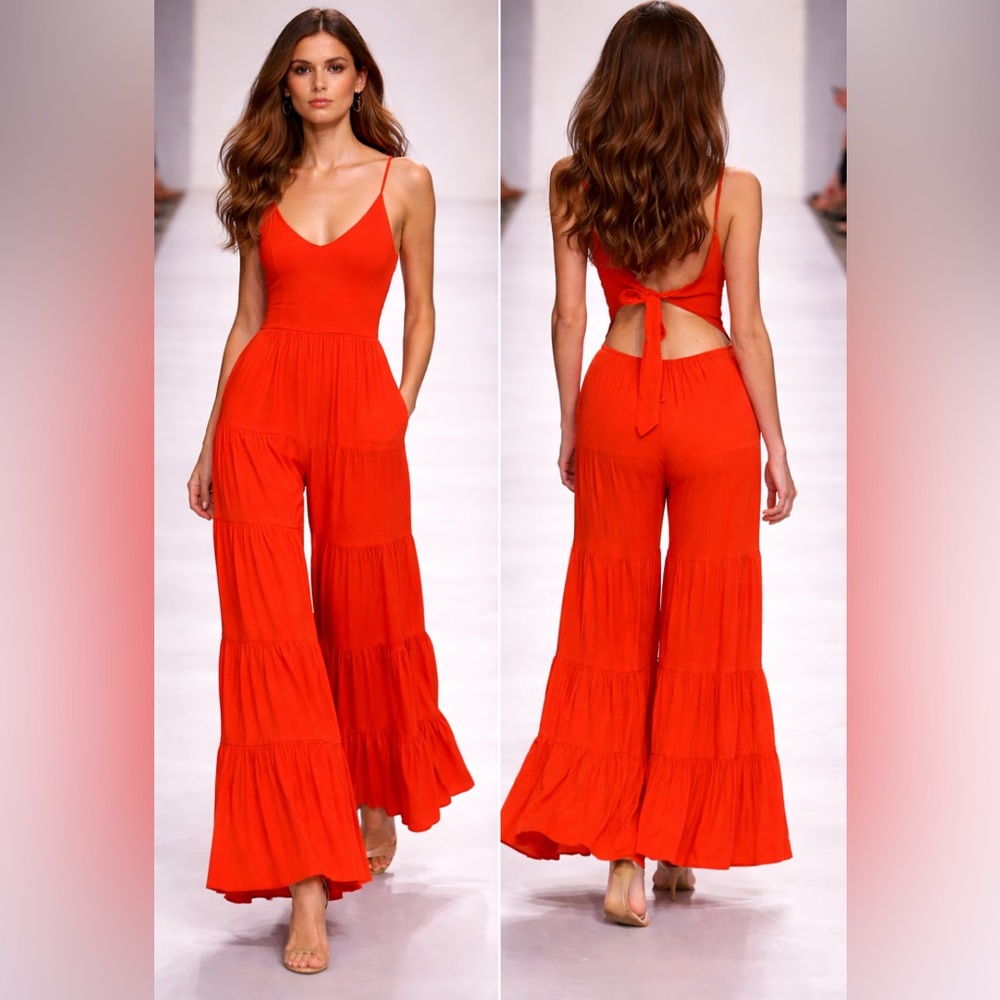 Boho Orange Wide Leg Jumpsuit Open Back Tie Bow Pockets Adjustable Straps
